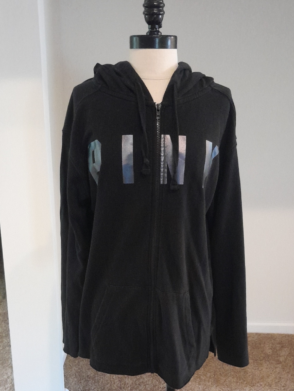 PINK Black Zip Hoodie with Iridescent Lettering
